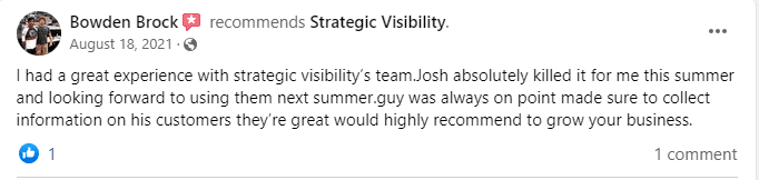Bowden Brock_FacebookReview Facebook Review for Strategic Visibility by a client who worked with us for generating leads and running digitial marketing campaigns for their local Pressure Washing Business