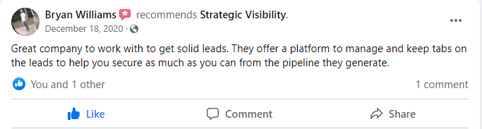 Bryan Williams_FacebookReview Facebook Review from a client who owns a Pressure Washing Business. We provided quality lead generation through Facebook Ads, bringing them into a fully-custom CRM, adding in Follow-Up Automation to increase conversion rates.