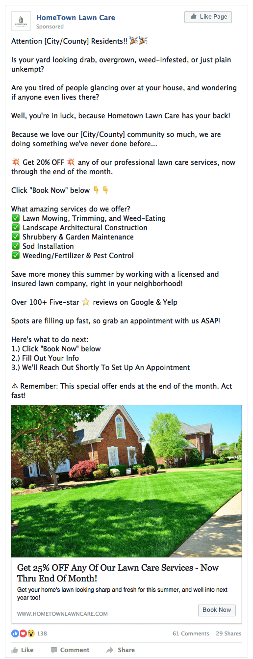Lawn Care FB Ad - Desktop Facebook Ad showcasing a lead generation campaign for a lawncare and landscaping company
