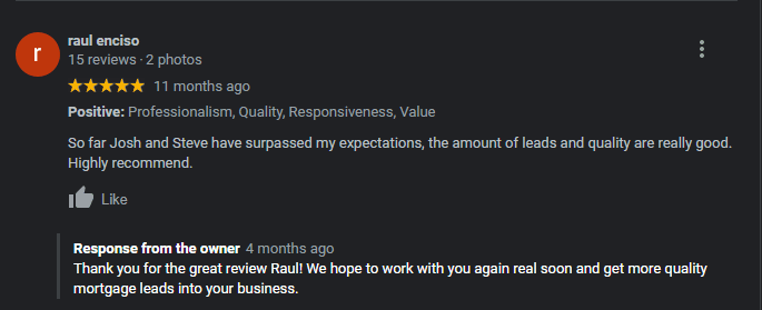 Raul Enciso_GoogleReview Google Review for Strategic Visibility from a client who was in the mortgage space, wanting quality lead generation and a custom CRM for tracking and managing their leads. We set up a bilingual Facebook Ad campaign for him to bring in leads through a completely Spanish funnel.