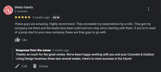 Google 5 Star Review left by our concrete contractor client after delivering him 51 leads in just 30 days