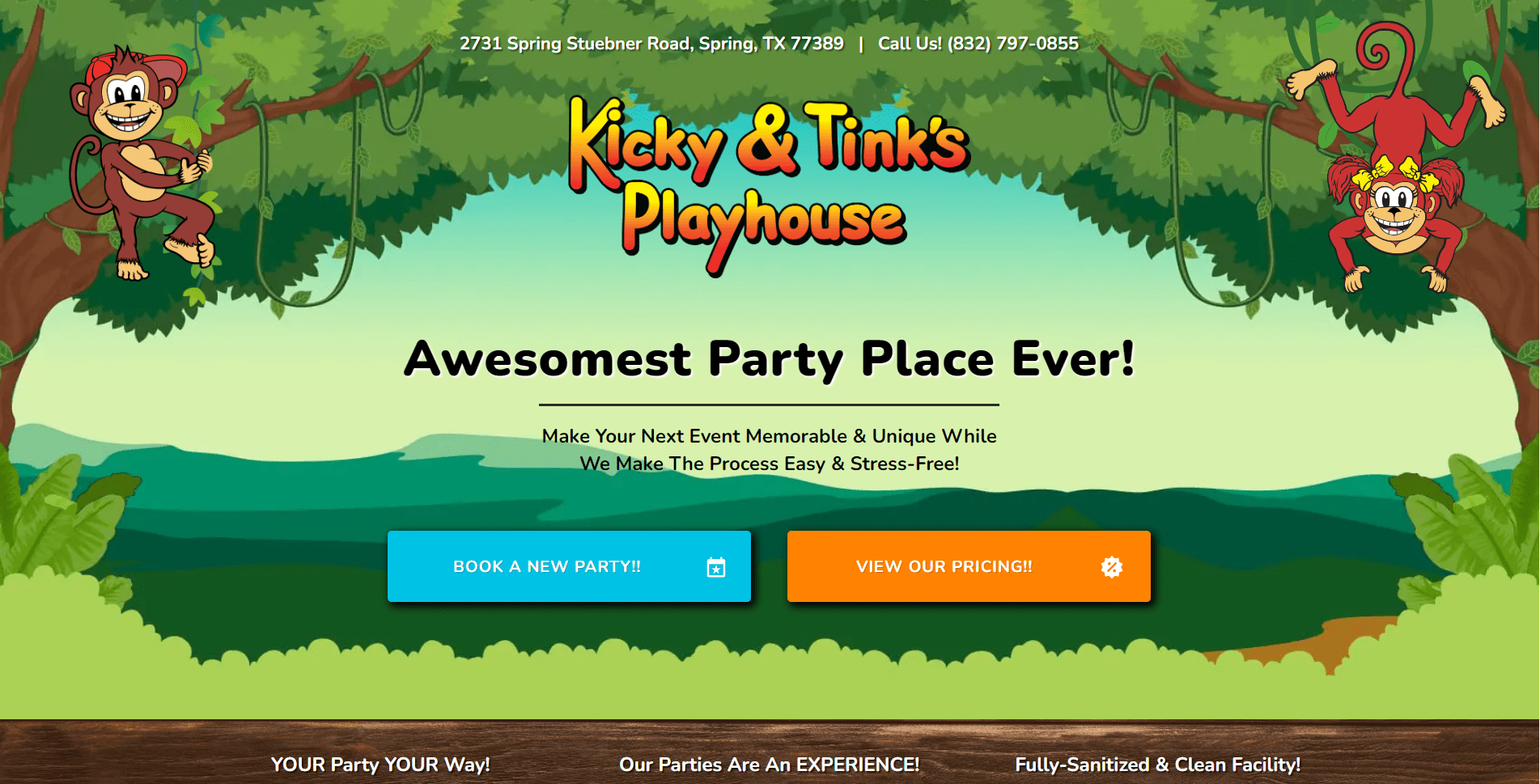 KickyandTinks_FinishedWebsite_AbovetheFold Completed website for Kicky & Tinks' Playhouse - a party and event business in Spring, TX