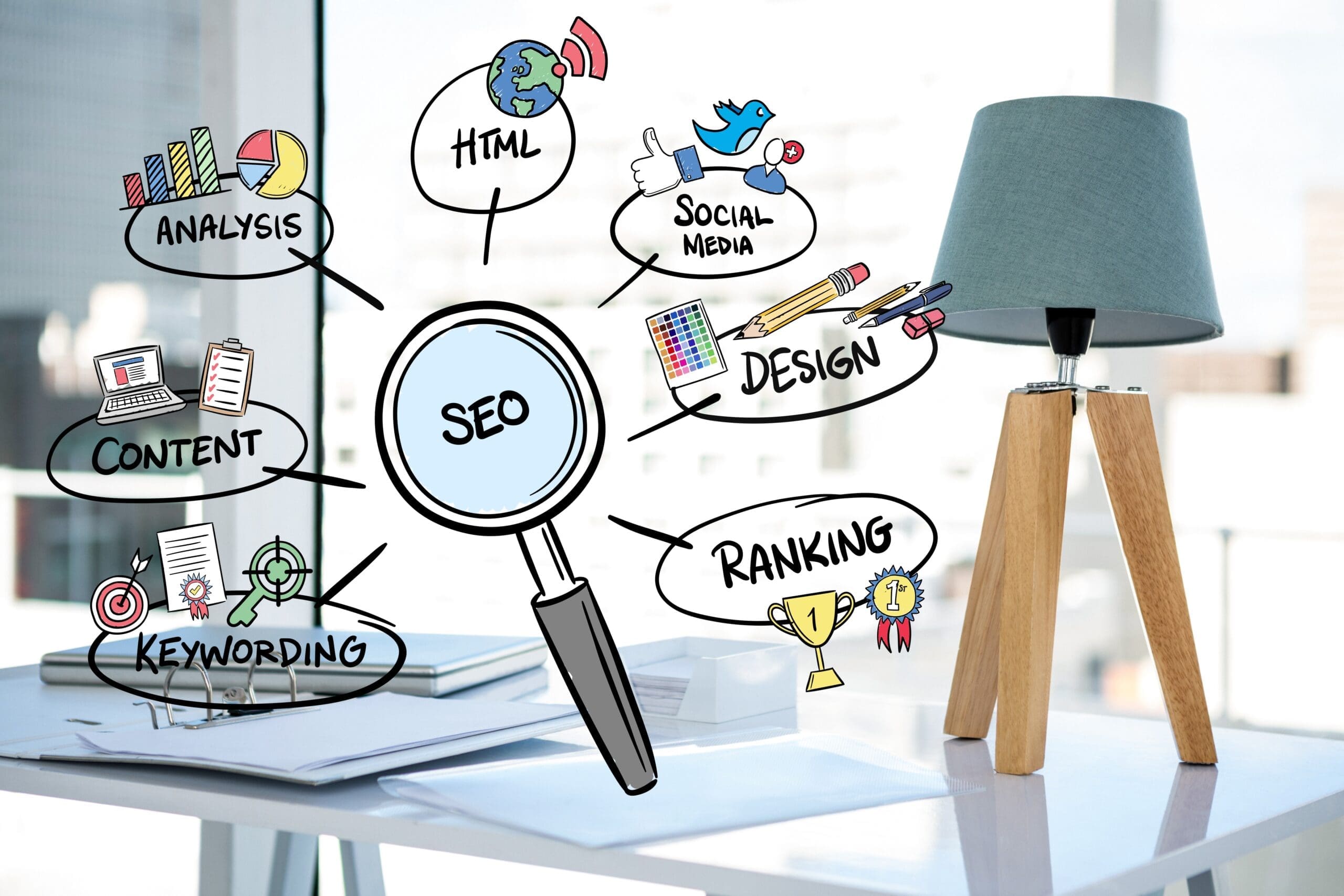 digital composite of business graphics with office background Optimize Content with Keywords, Hashtags & Geo Tags