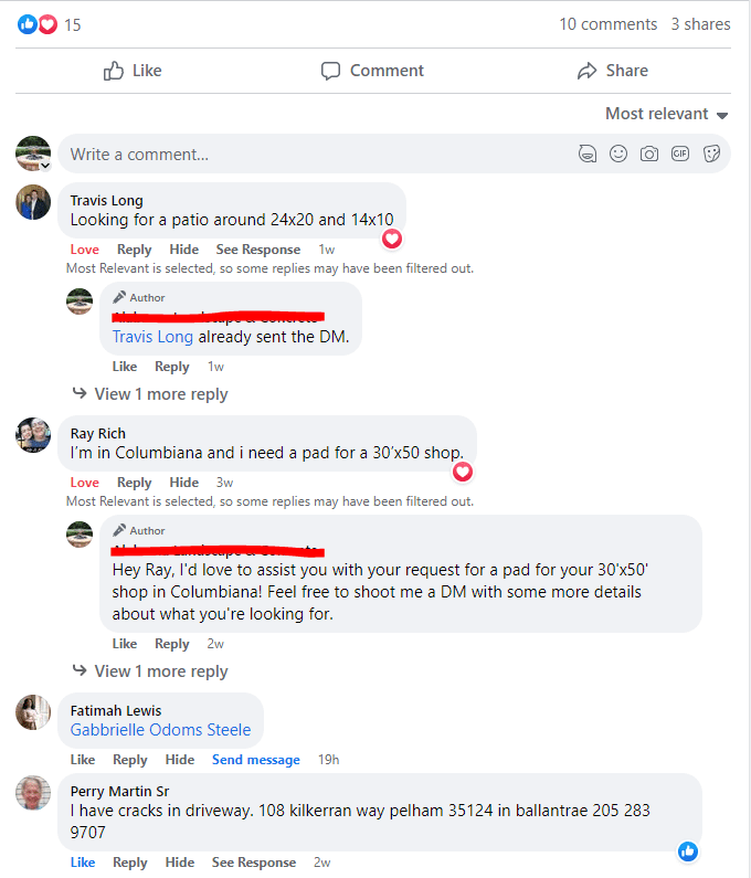 Facebook Ad comments for our concrete contractors